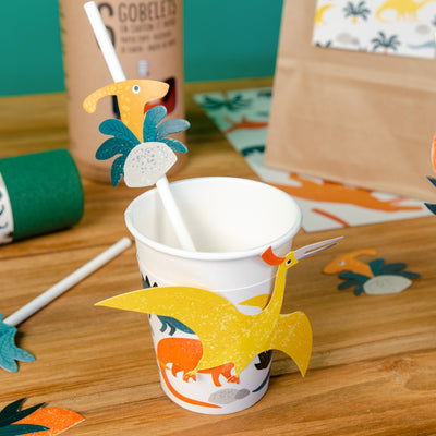 6 Pailles en papier Dinosaures
